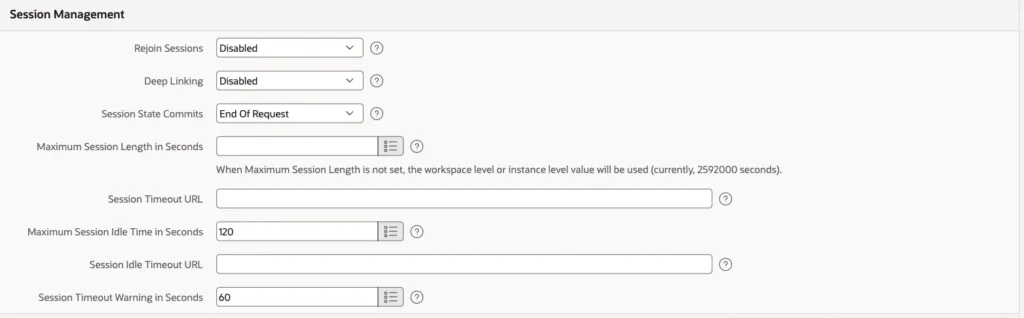 Oracle APEX Security Attributes, Session Management section, with Maximum Session Idle Time 120 seconds and Session Timeout Warning 60 seconds