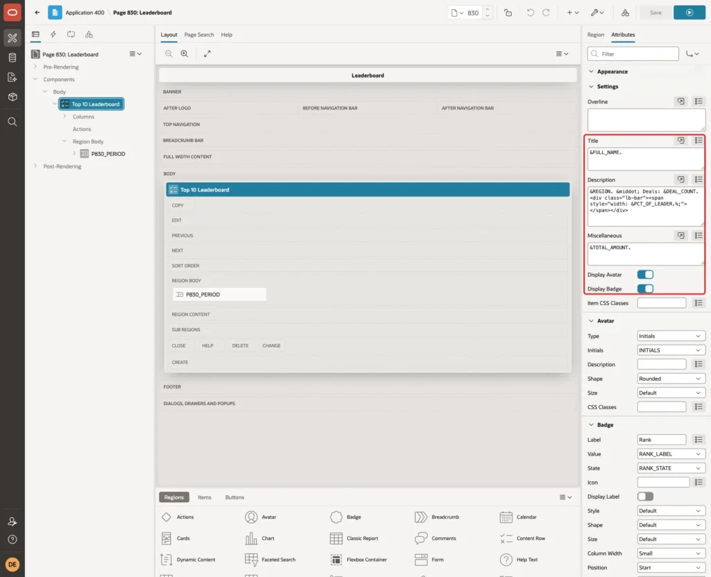 Content Row Settings with Title, Description, Miscellaneous, Display Avatar and Display Badge marked with a red box