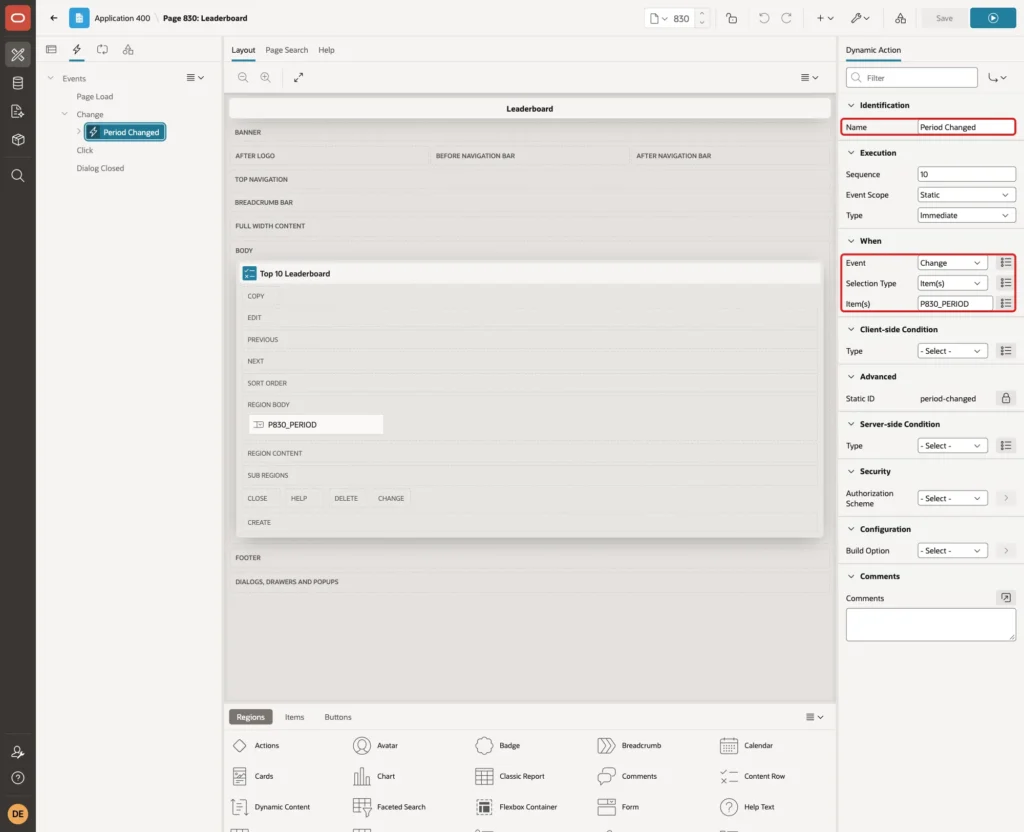 Dynamic action Period Changed with Event Change, Selection Type Item(s) and Item P830_PERIOD marked with red boxes