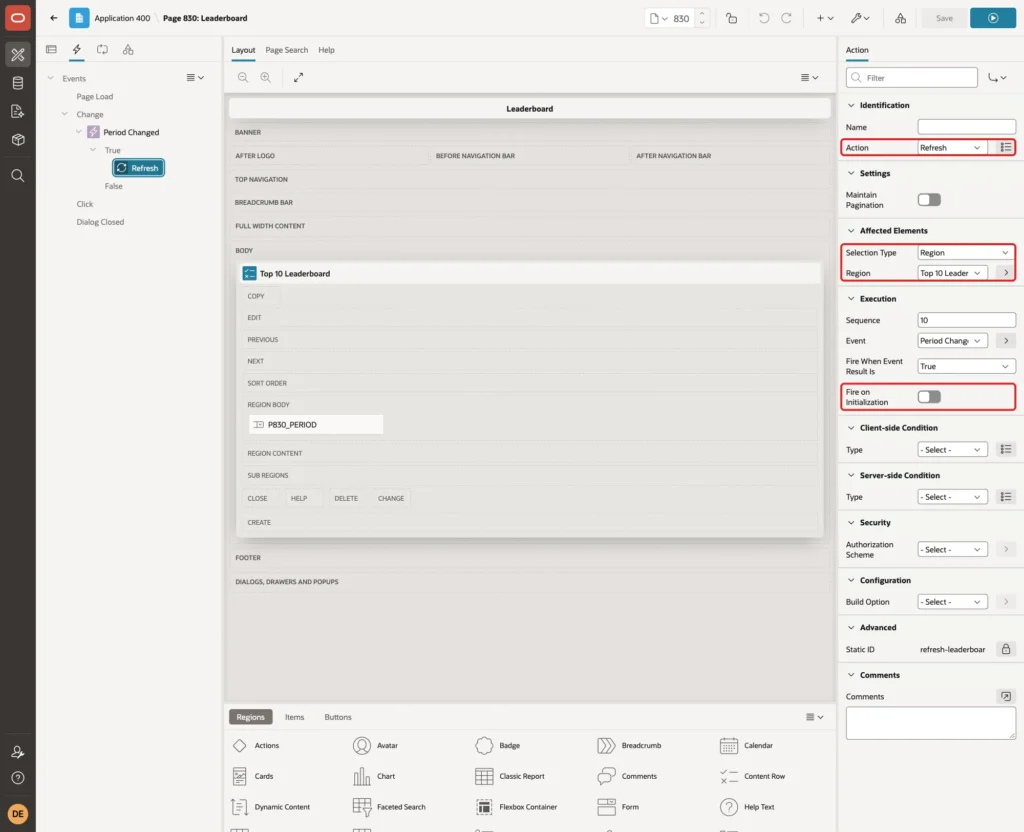 True action Refresh with Selection Type Region, Region Top 10 Leaderboard and Fire on Initialization off marked with red boxes