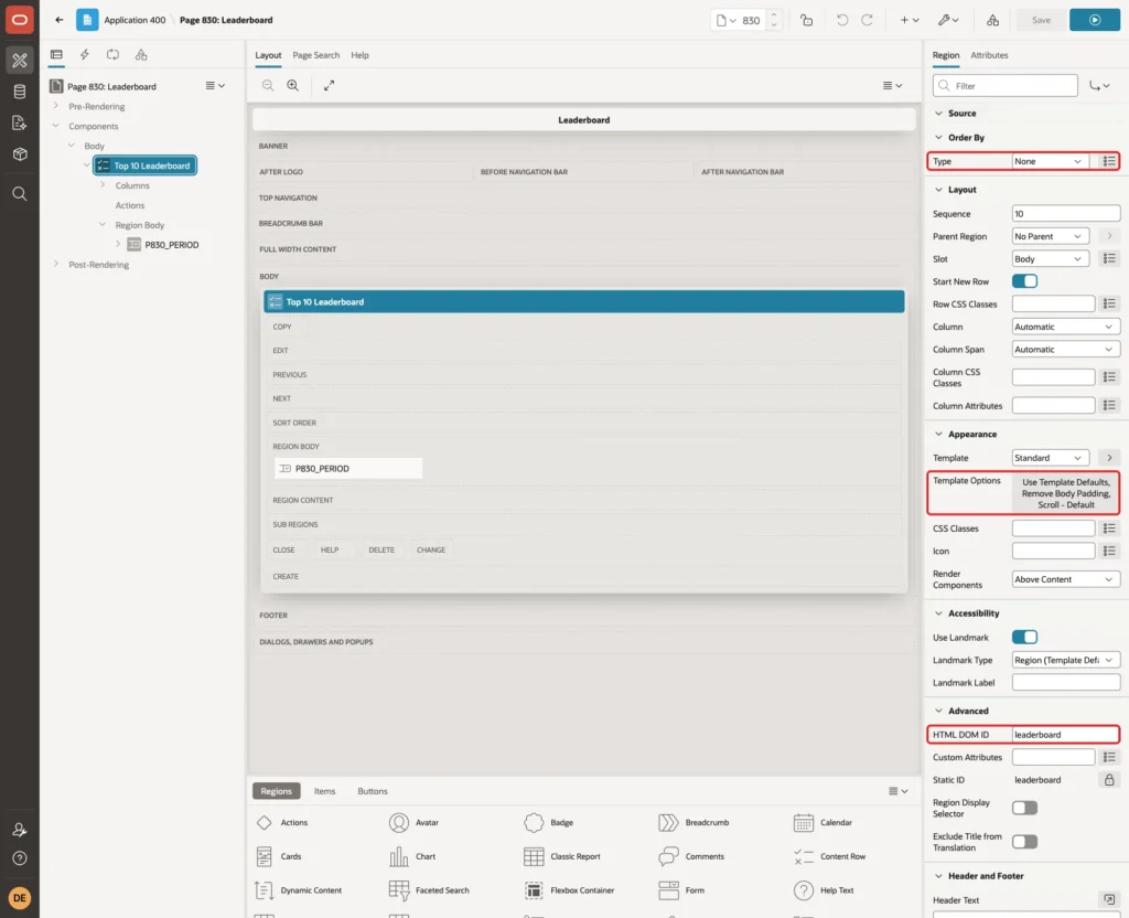 Order By Type None, Template Options and HTML DOM ID leaderboard marked with red boxes