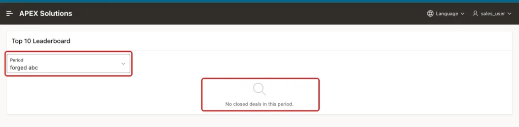 Forged period value abc in the select list and the message No closed deals in this period, both marked with red boxes