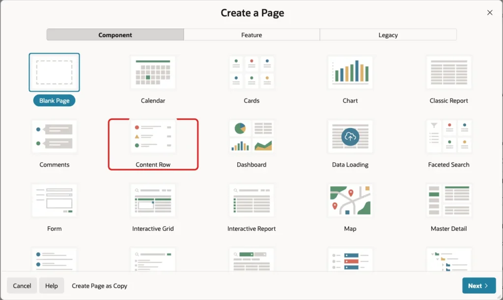 Create a Page wizard with the Content Row tile marked with a red box