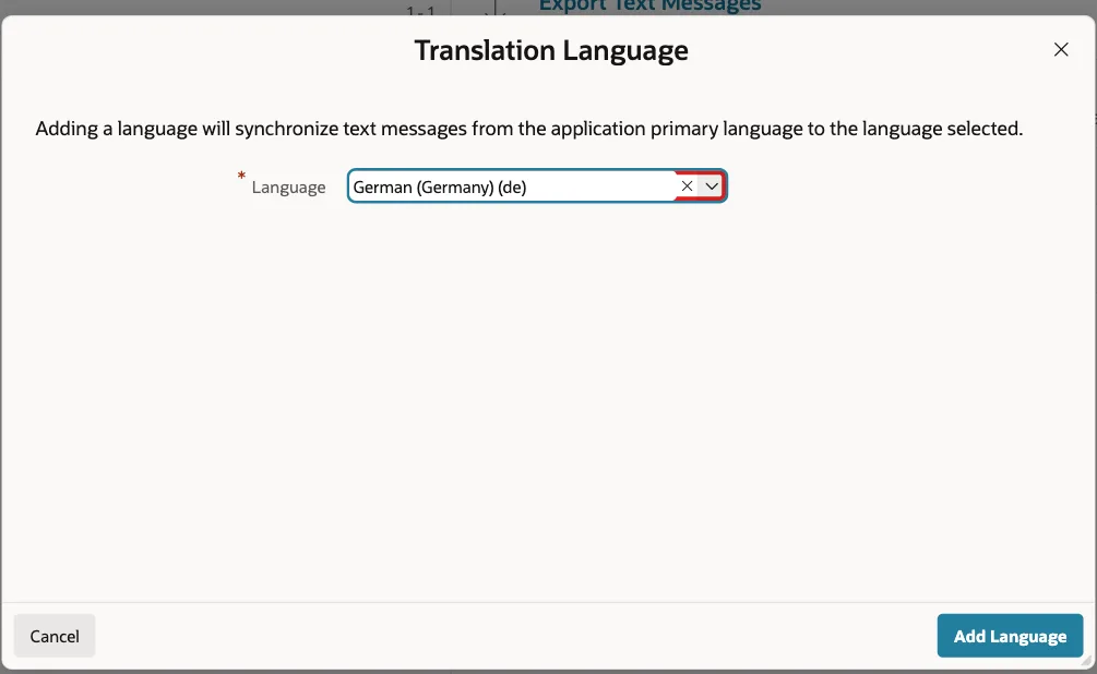 Translation Language dialog with Language German (Germany) (de) marked with a red box