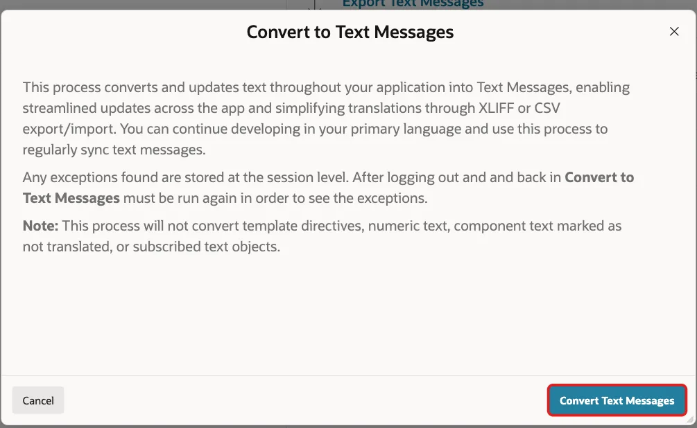 Convert to Text Messages dialog with the Convert Text Messages button marked with a red box