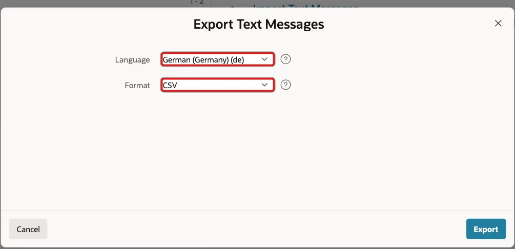 Export Translations dialog with Language German (Germany) (de) and Format CSV marked with red boxes