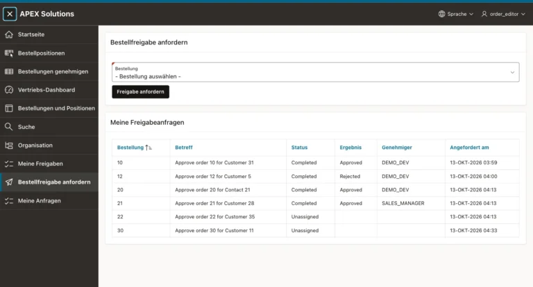 Request Order Approval page in German with the navigation menu Startseite, Bestellpositionen and others, the title Bestellfreigabe anfordern, the item Bestellung, the button Freigabe anfordern and the report Meine Freigabeanfragen