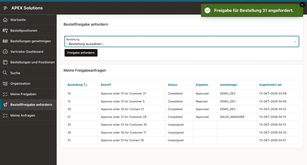 Request Order Approval page in German with the success message Freigabe für Bestellung 31 angefordert.