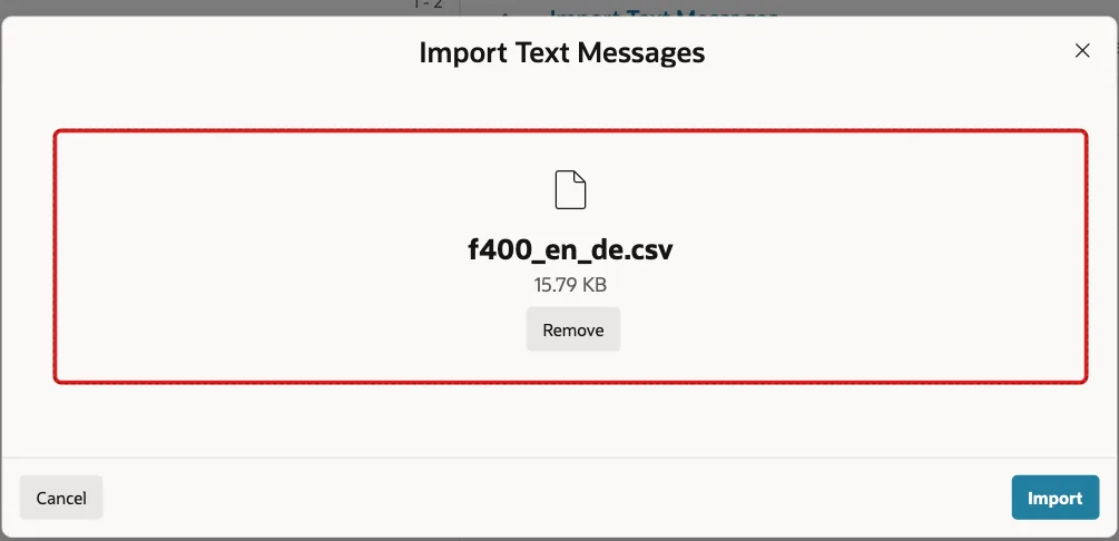 Import Translation dialog with the file f400_en_de.csv selected, marked with a red box
