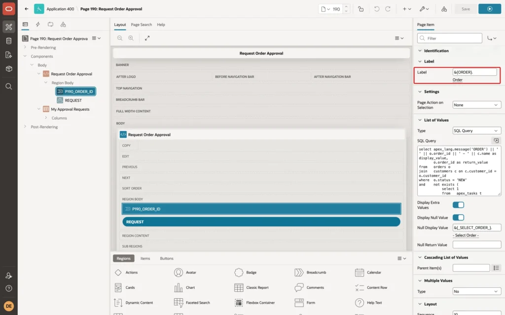 Page Designer showing the label of P190_ORDER_ID as the text message reference &{ORDER}. marked with a red box