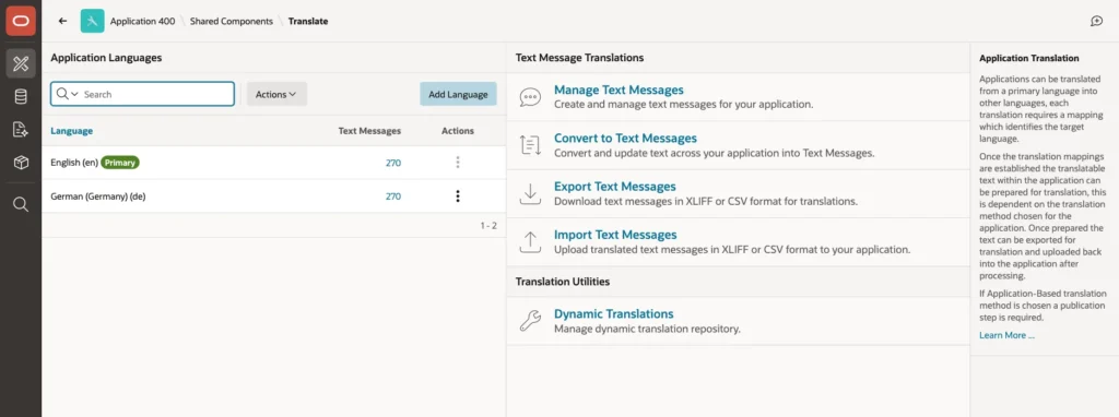 Application Languages with English (en) Primary and German (Germany) (de), each with 270 text messages