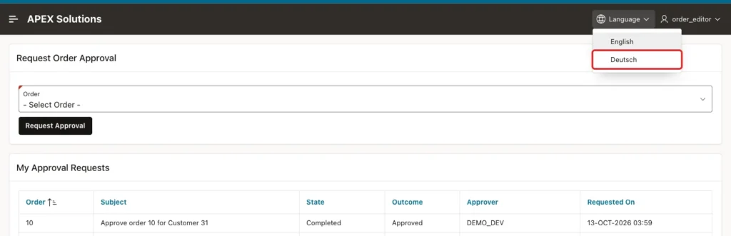 Request Order Approval page in English with the Language menu open and Deutsch marked with a red box