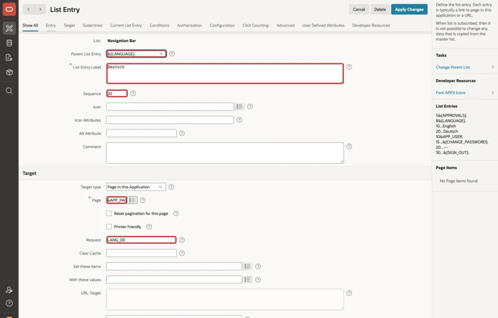 List Entry Deutsch with Parent List Entry &{LANGUAGE}., List Entry Label Deutsch, Sequence 20, Page &APP_PAGE_ID. and Request LANG_DE marked with red boxes