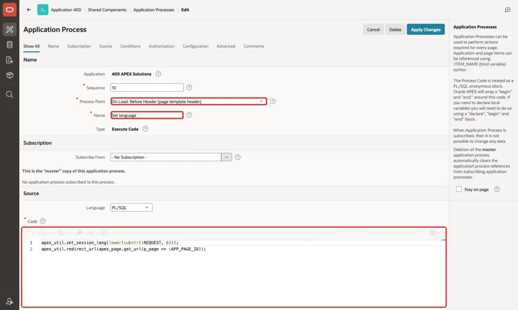 Application Process Set language with Process Point On Load Before Header and the code calling apex_util.set_session_lang and apex_util.redirect_url marked with red boxes
