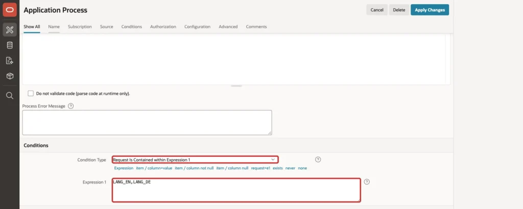 Application Process Conditions with Condition Type Request Is Contained within Expression 1 and Expression 1 LANG_EN,LANG_DE marked with red boxes