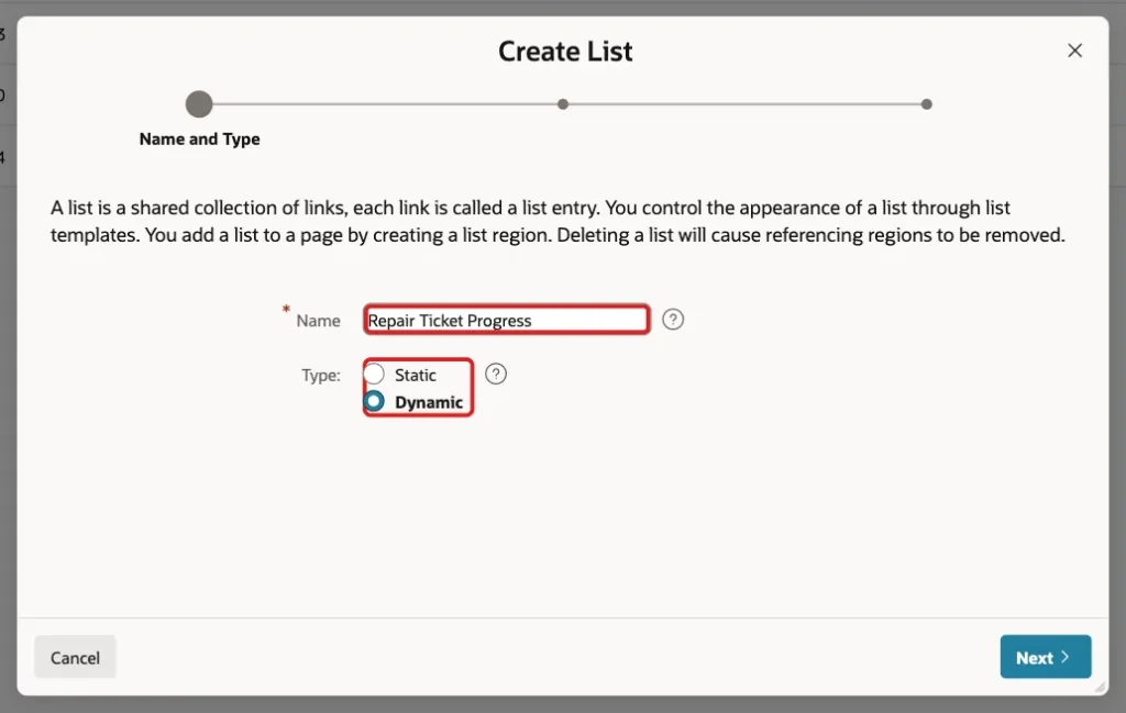 Create List wizard step Name and Type with Name Repair Ticket Progress and Type Dynamic marked with red boxes