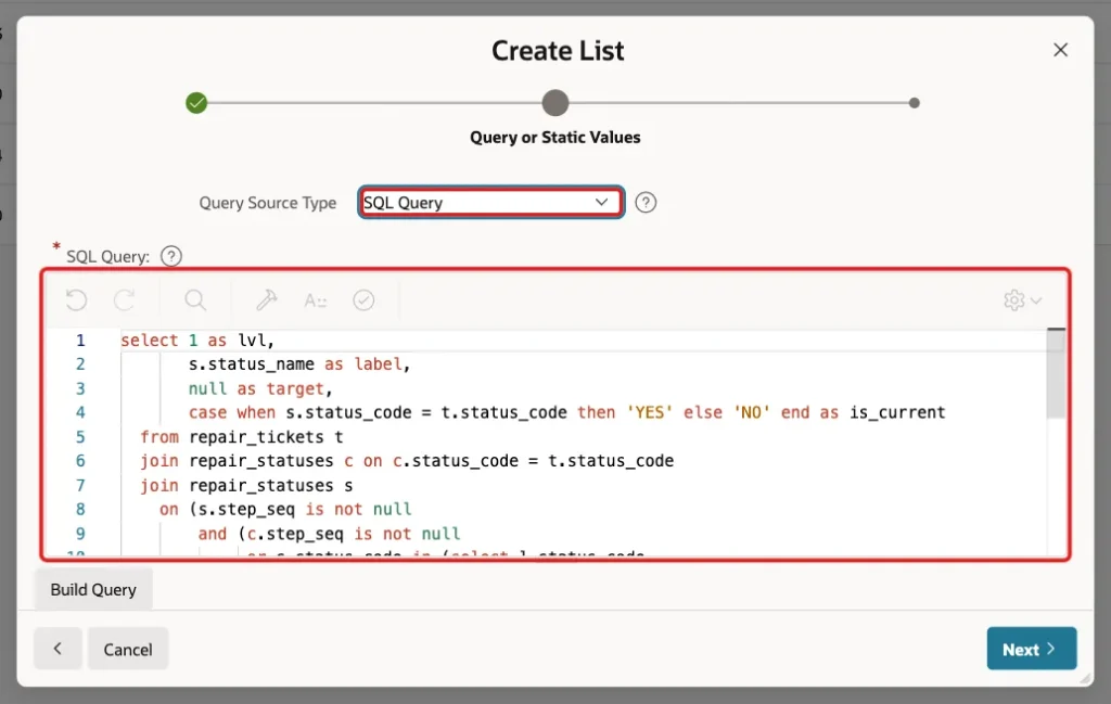 Create List wizard step Query or Static Values with Query Source Type SQL Query and the SQL Query editor marked with red boxes
