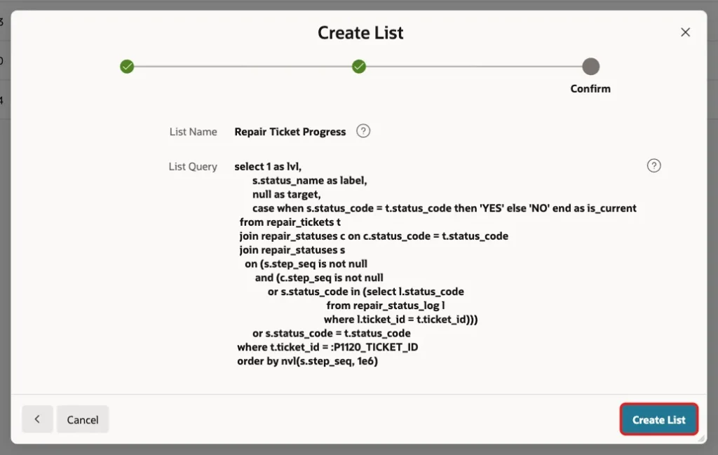 Create List wizard Confirm step showing the list name and query, with the Create List button marked with a red box