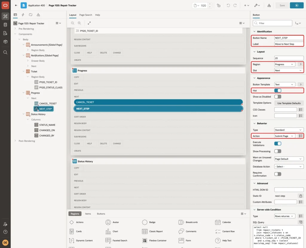 NEXT_STEP button with Button Name, Label Move to Next Step, Region Progress, Slot Next, Hot on and Action Submit Page marked with red boxes