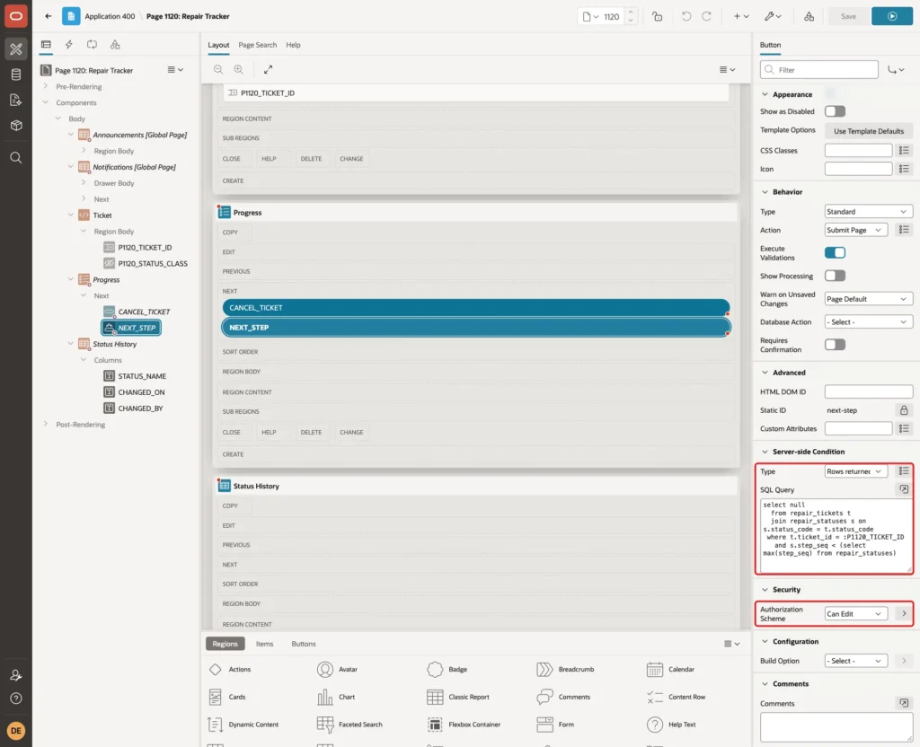 NEXT_STEP button with Server-side Condition Type Rows returned, the SQL Query and Authorization Scheme Can Edit marked with red boxes