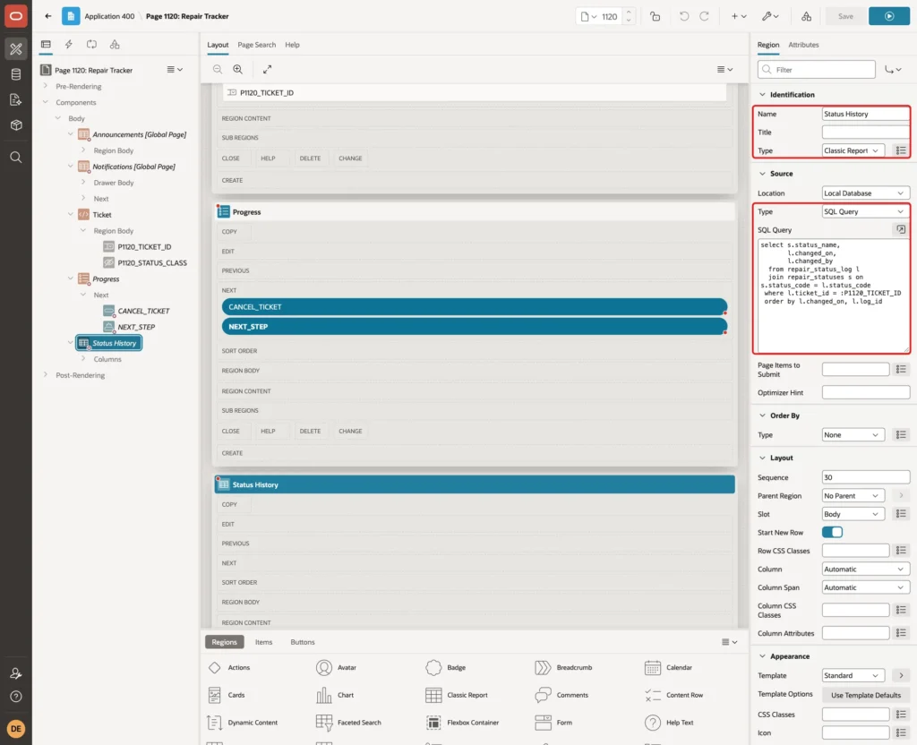 Status History region with Name, Type Classic Report, Source Type SQL Query and the SQL Query marked with red boxes