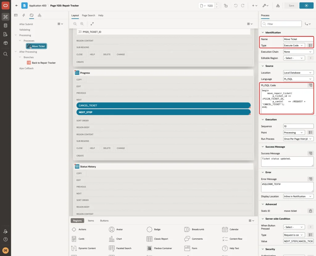 Move Ticket process with Name, Type Execute Code and the PL/SQL Code marked with red boxes