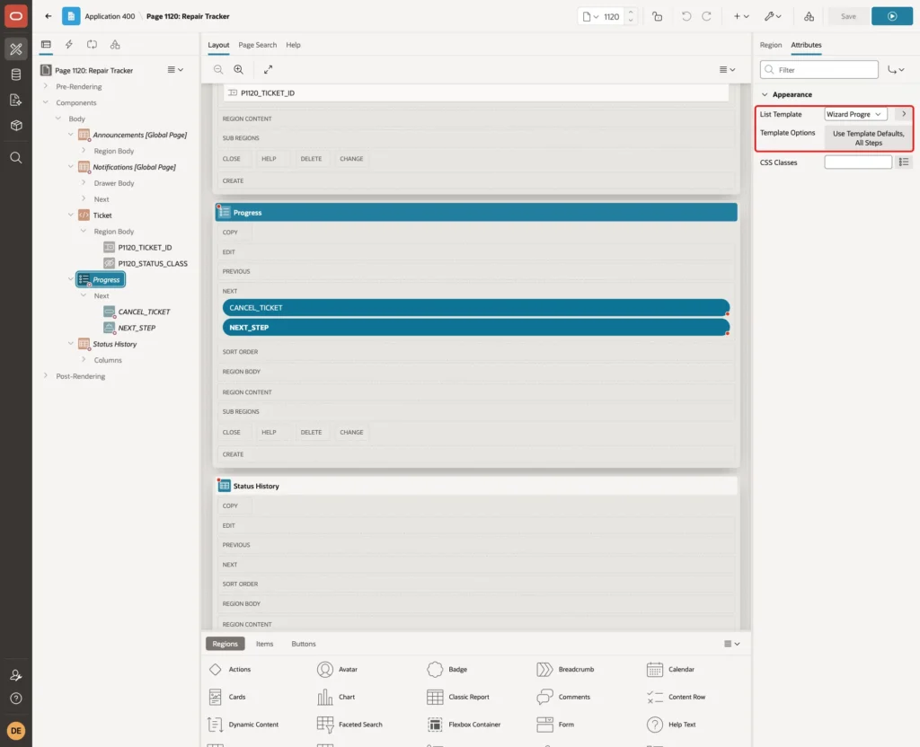 Progress region Attributes with List Template Wizard Progress and Template Options Use Template Defaults, All Steps marked with a red box