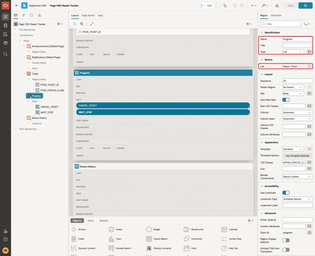 Progress region with Name Progress, Type List and Source List Repair Ticket Progress marked with red boxes