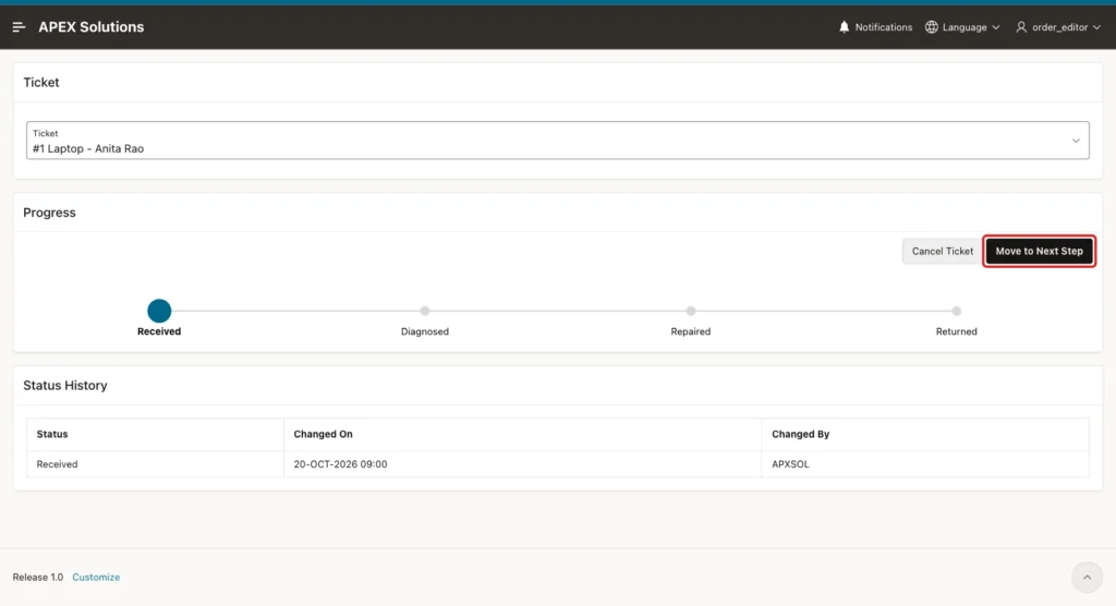 Repair Tracker for ticket 1 with Received as the active step and the Move to Next Step button marked with a red box