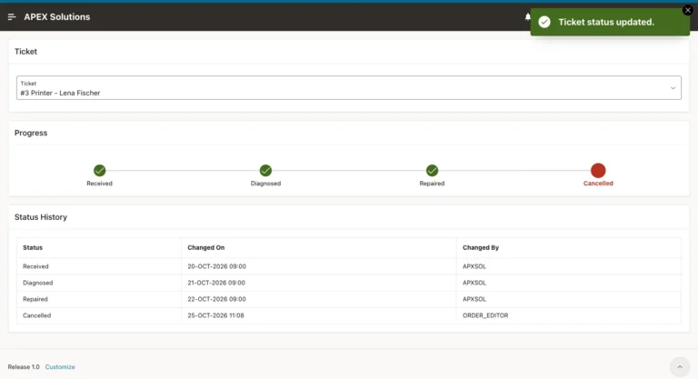 Repair Tracker for ticket 3 with Received, Diagnosed and Repaired complete and Cancelled shown in red as the active step