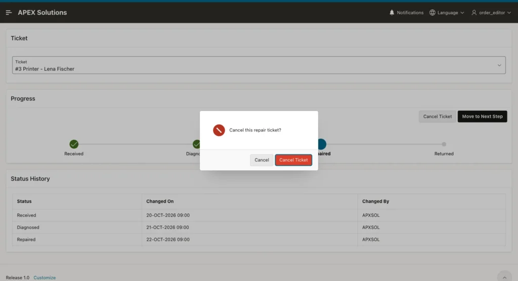 Confirmation dialog Cancel this repair ticket? with the Cancel and Cancel Ticket buttons