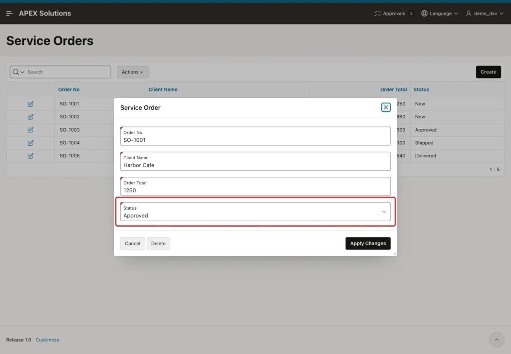Service Order dialog for SO-1001 with Status Approved selected, marked with a red box