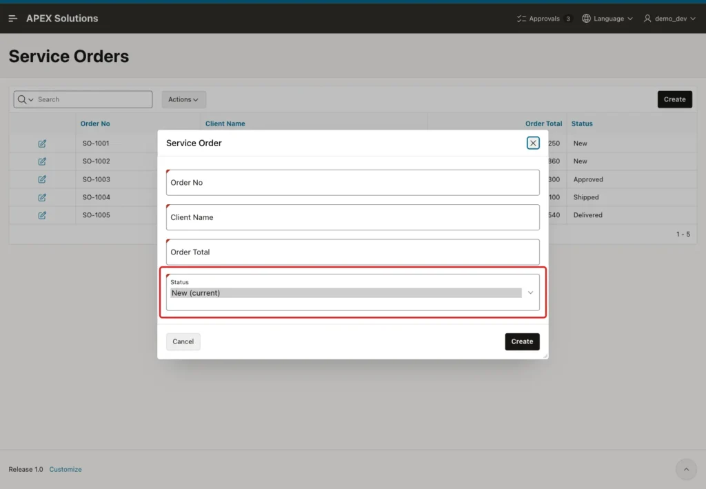 New Service Order dialog with the Status list showing only New (current), marked with a red box