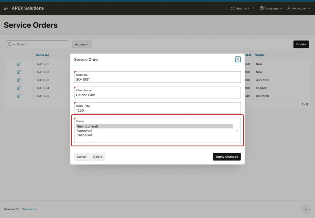 Service Order dialog for SO-1001 as demo_dev with the Status list New (current), Approved and Cancelled, marked with a red box