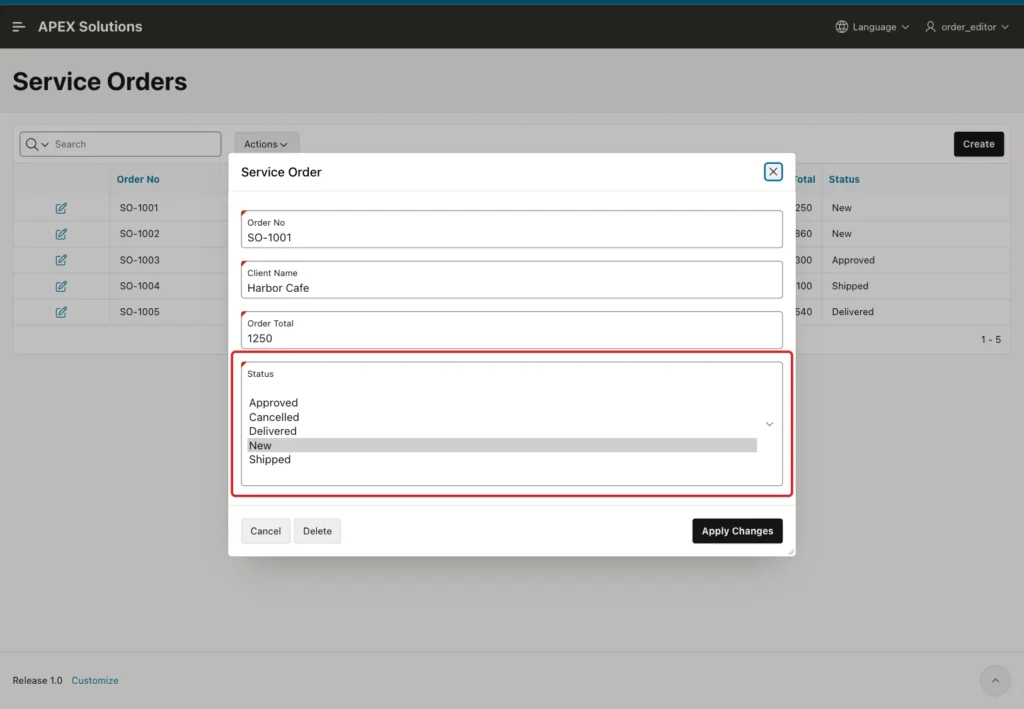 Service Order dialog for SO-1001 with the Status list showing all five statuses, marked with a red box