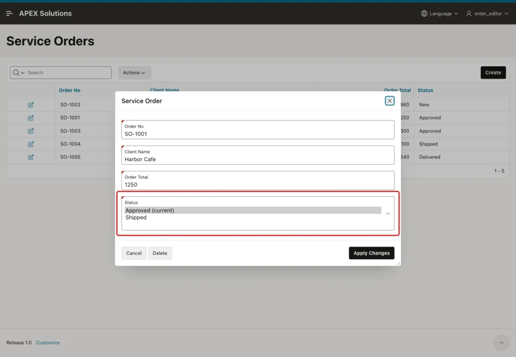 Service Order dialog for SO-1001 as order_editor with the Status list Approved (current) and Shipped, marked with a red box