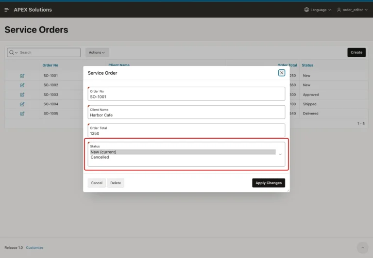 Service Order dialog for SO-1001 as order_editor with the Status list New (current) and Cancelled, marked with a red box