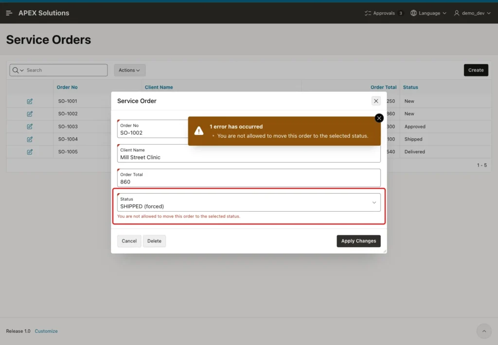 Service Order dialog for SO-1002 with the forced value SHIPPED and the error You are not allowed to move this order to the selected status, marked with a red box