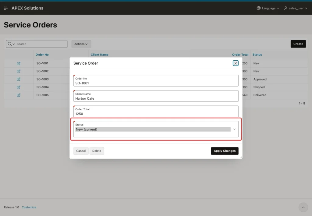Service Order dialog for SO-1001 as sales_user with the Status list showing only New (current), marked with a red box