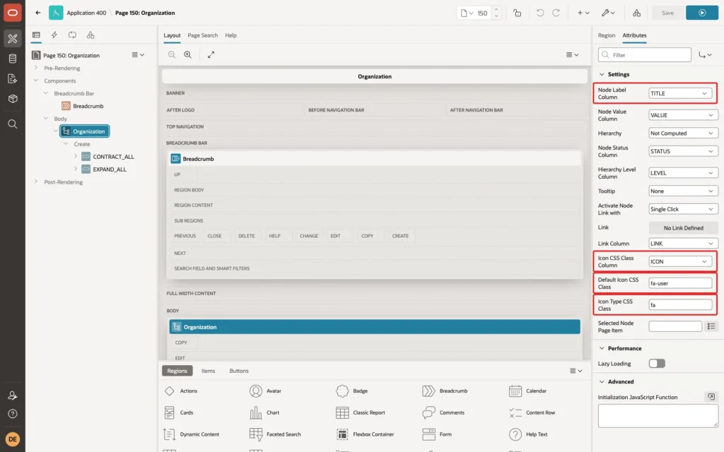 Page Designer tree region Attributes with Node Label Column TITLE, Icon CSS Class Column ICON, Default Icon CSS Class fa-user and Icon Type CSS Class fa marked with red boxes
