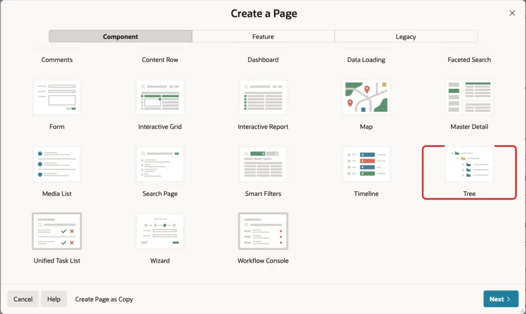 Create a Page dialog with the Tree page type marked with a red box