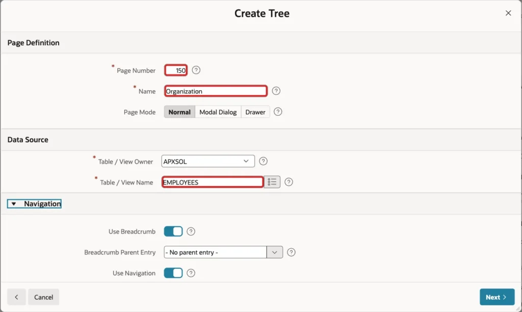 Create Tree wizard with page number 150, name Organization and table EMPLOYEES marked with red boxes
