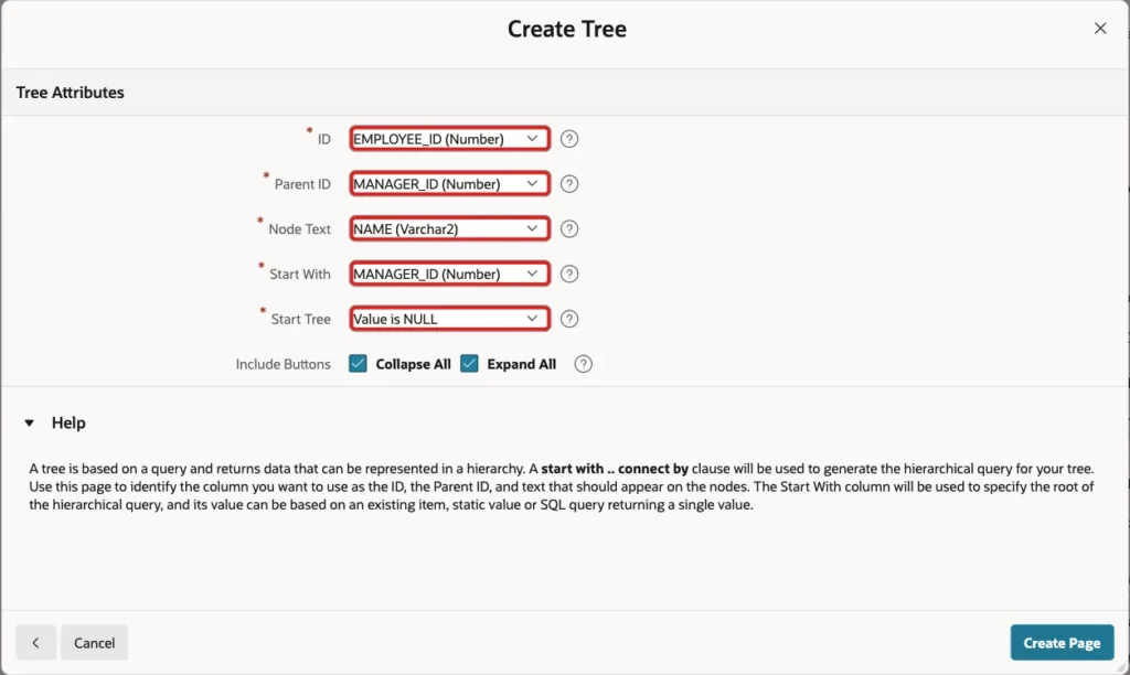Create Tree wizard Tree Attributes with ID EMPLOYEE_ID, Parent ID MANAGER_ID, Node Text NAME, Start With MANAGER_ID and Start Tree Value is NULL marked with red boxes