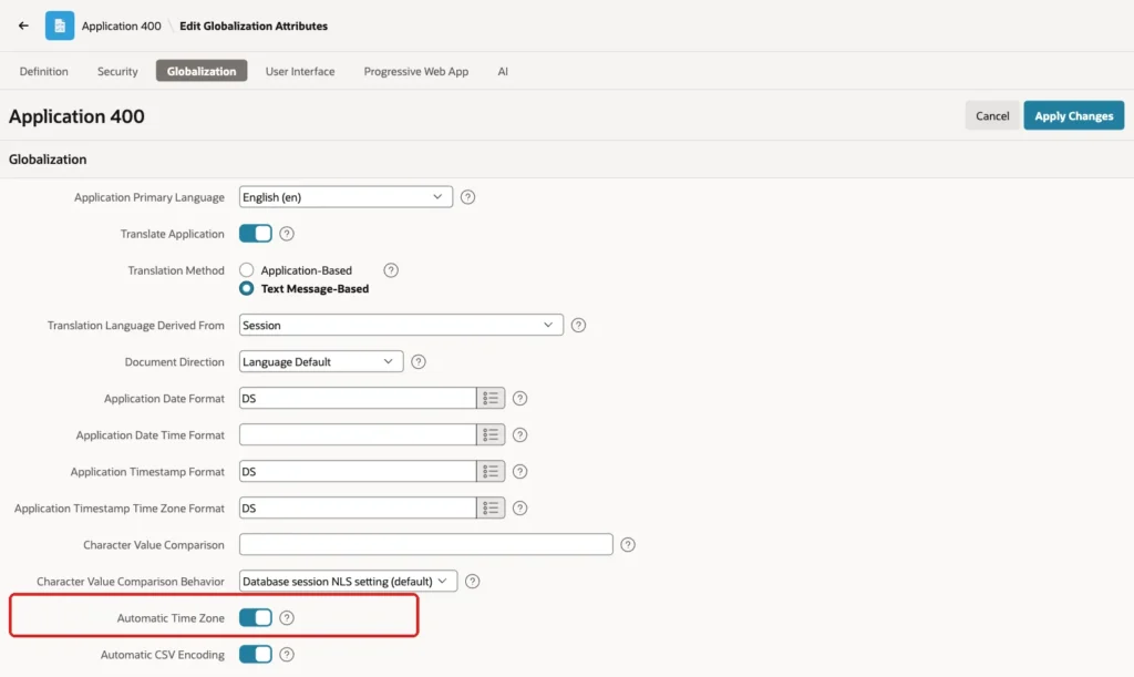 Edit Globalization Attributes page with Automatic Time Zone turned on and marked with a red box