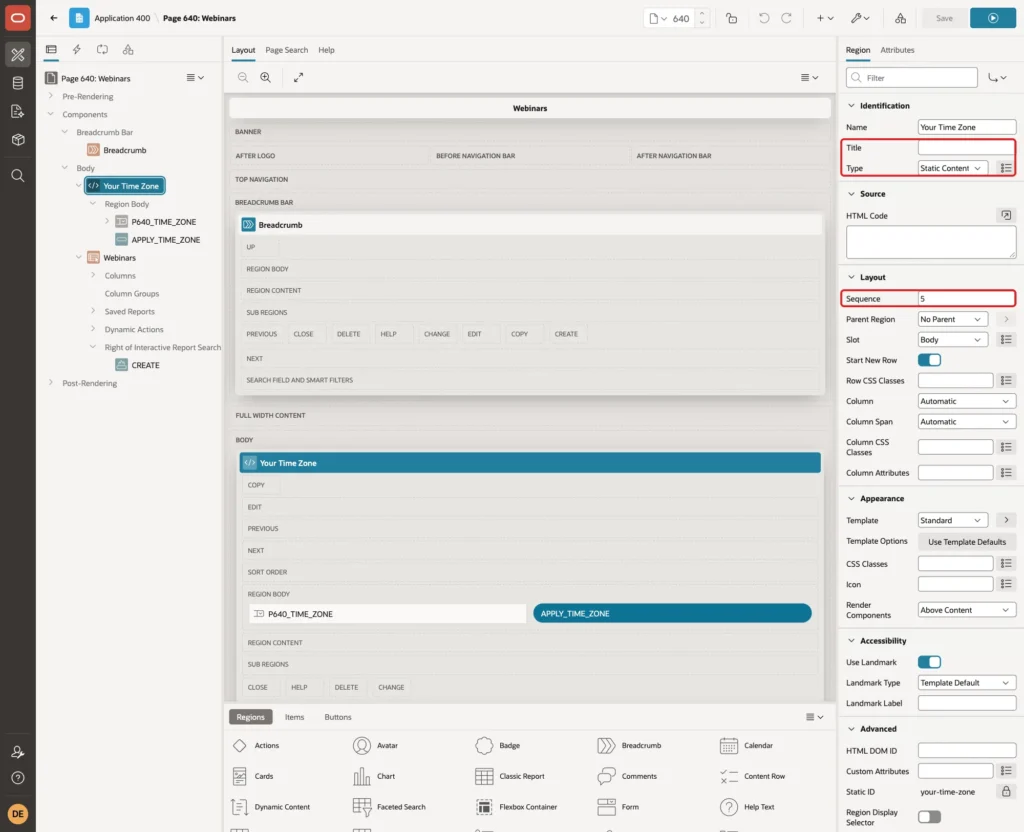 Region Your Time Zone with Type Static Content and Sequence 5 marked with red boxes