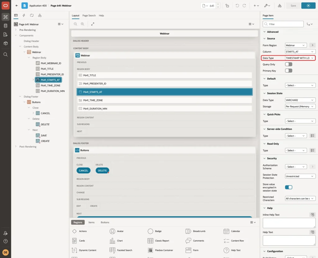 P641_STARTS_AT Source with Data Type Timestamp with Local Time Zone marked with a red box