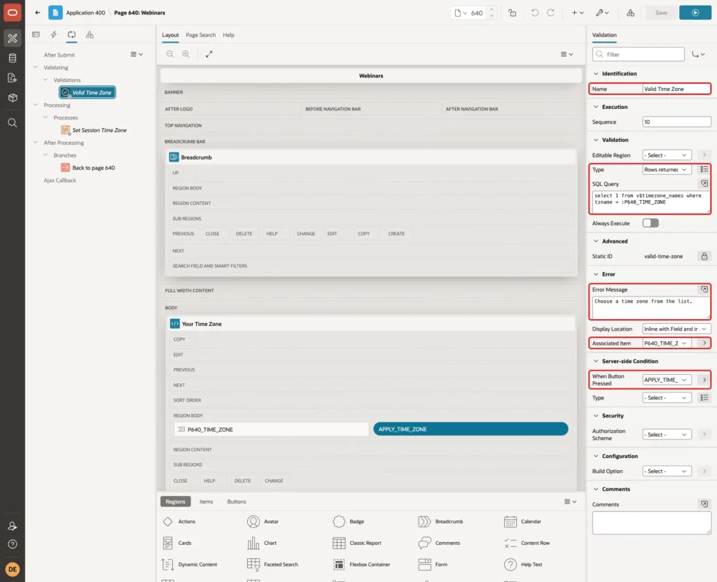 Validation Valid Time Zone with Type Rows returned, the SQL Query, the Error Message, Associated Item and When Button Pressed marked with red boxes