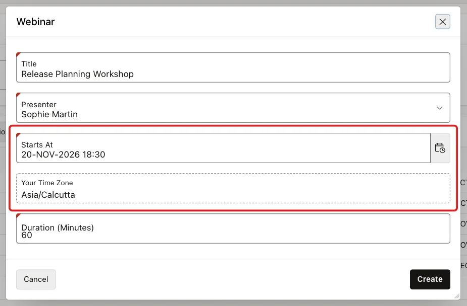 Webinar dialog with Starts At 20-NOV-2026 18:30 and Your Time Zone Asia/Calcutta marked with a red box