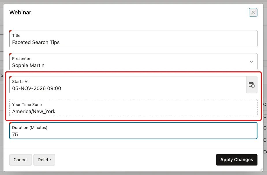 Webinar edit dialog with Starts At 05-NOV-2026 09:00 and Your Time Zone America/New_York marked with a red box