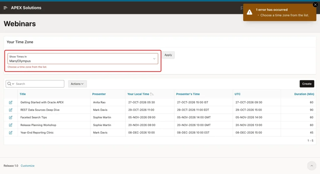 Webinars page with the error Choose a time zone from the list. under Show Times In marked with a red box